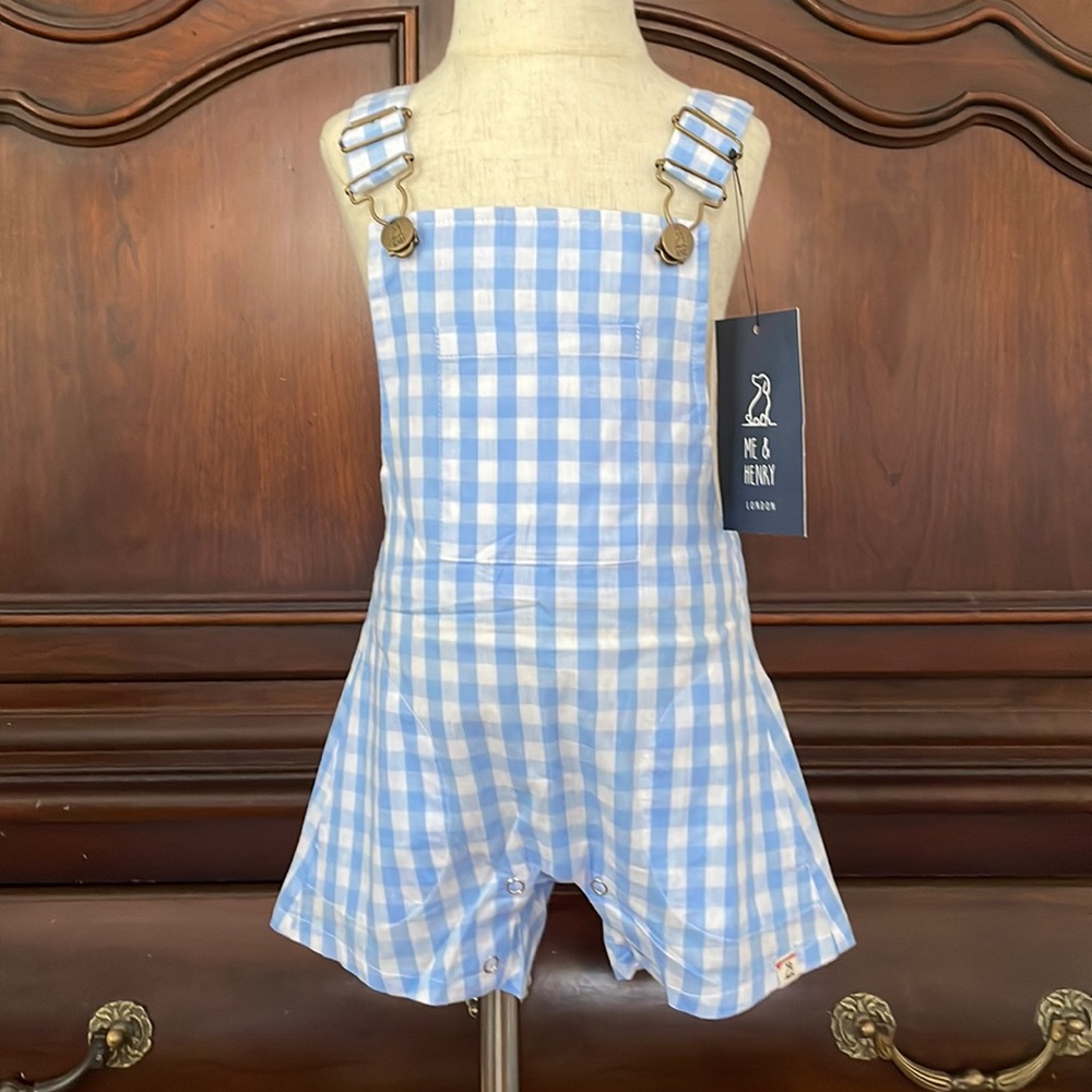 Me & Henry London NWT Blue Gingham Shortall 6-9M Baby Boy Summer Spring Romper